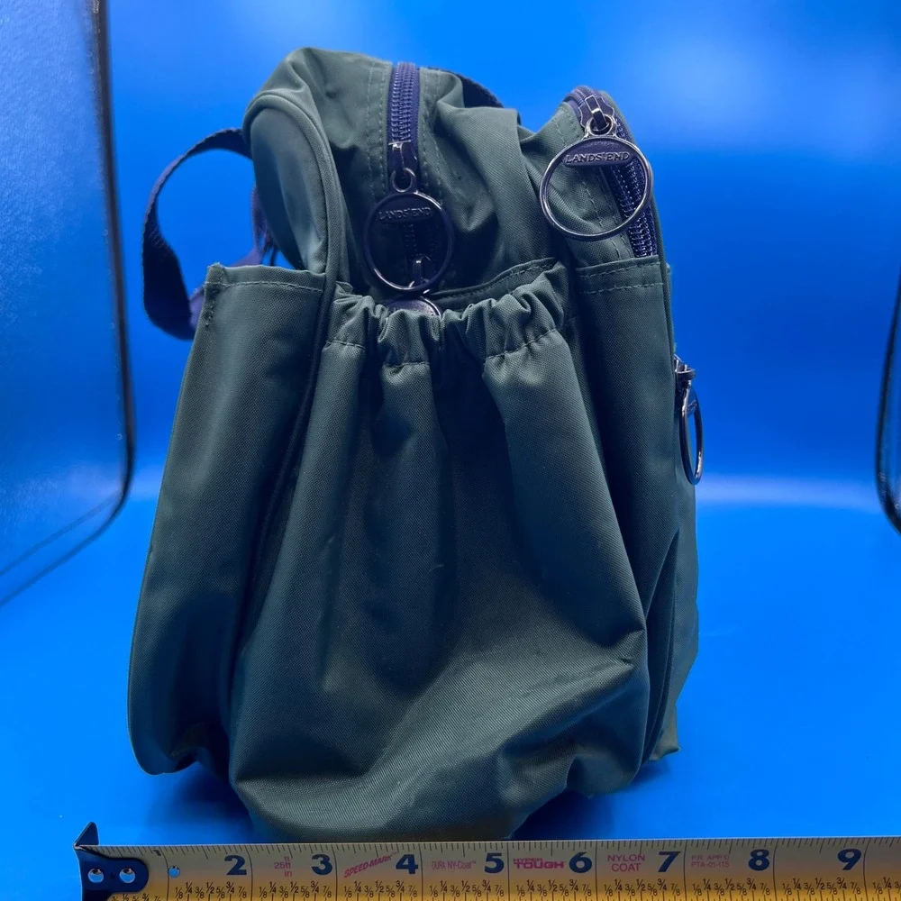 Lands End VTG Square Bag Green Navy Nylon Travel Carry On Shoulder Bag